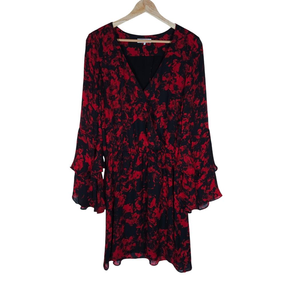 Parker Womens Poinsettia Dress Small Red Black V Neck Mini Floral Long Sleeve